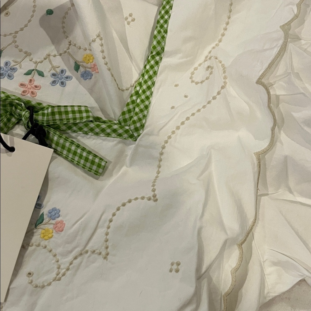Damson Madder White Embroidered Long Sleeve Dress with Green Trim - Picture 4 of 9
